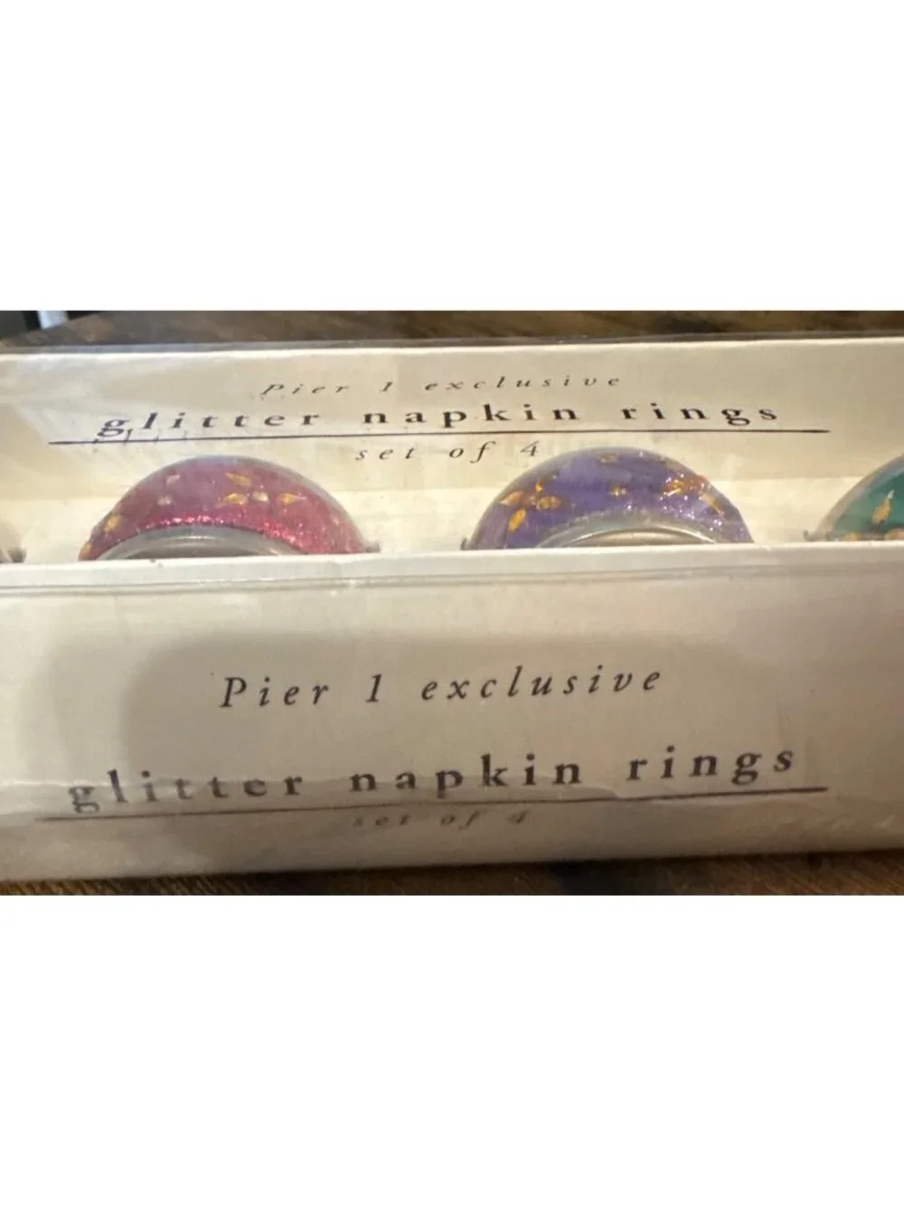 4 Pier 1 Glitter Napkin Rings NEW Nickel-plated Christmas